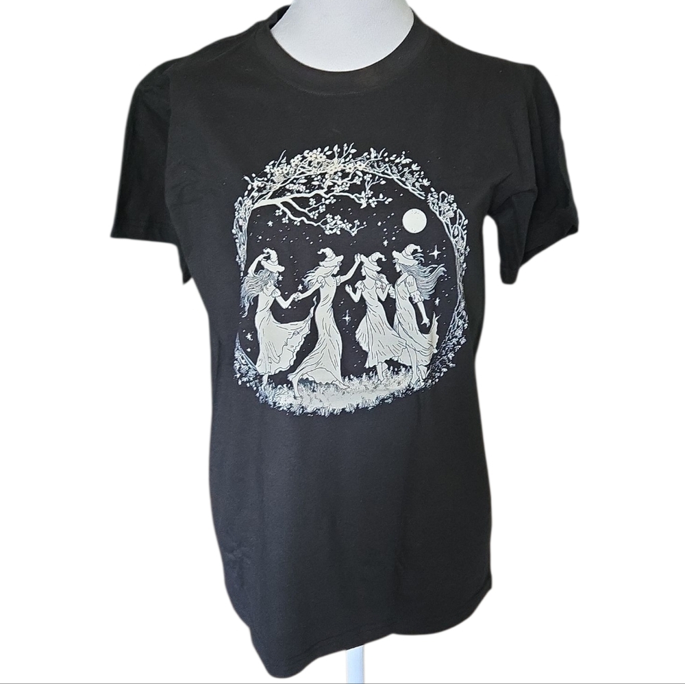 Black Tee with White Dancing Witches Graphic Design.